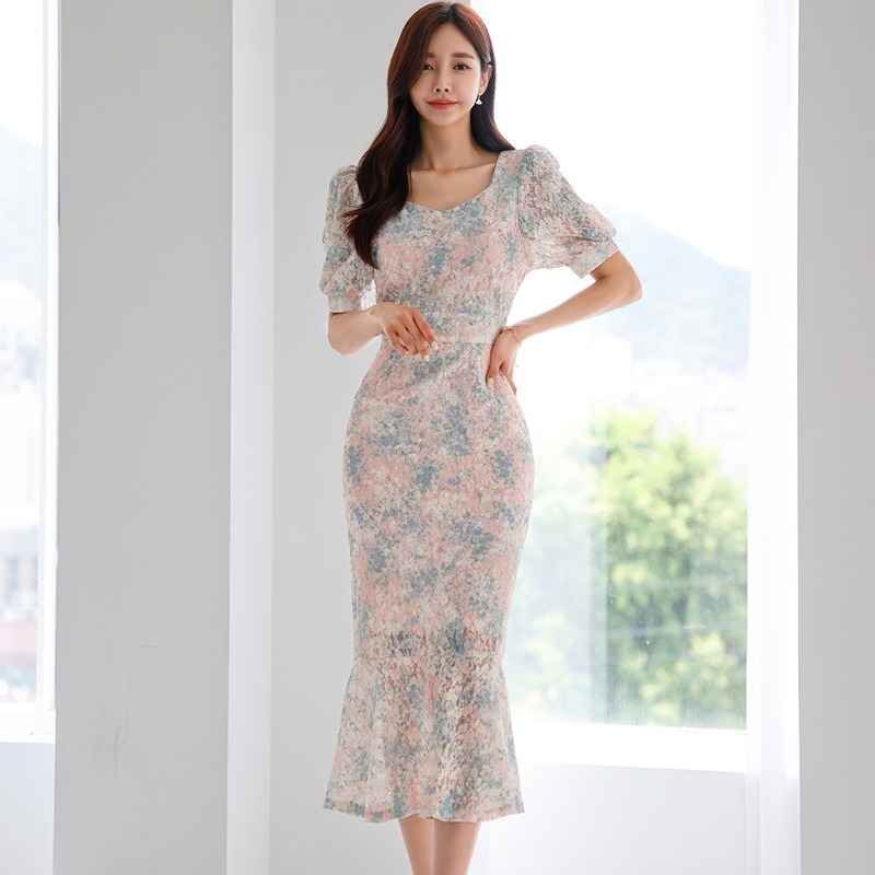 半袖ワンピース ボリューム袖 タイトスカート バイカラー スリム 着痩せ sweet系 M ピンク拍卖