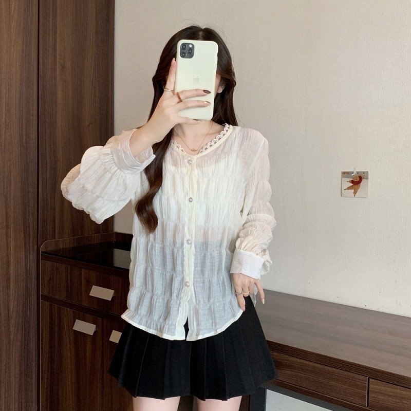 トップス シャツ ブラウス 長袖 フリル 薄手 日よけ 冷房対策 シンプル カジュアル かわいい お出かけ XL ベージュ拍卖