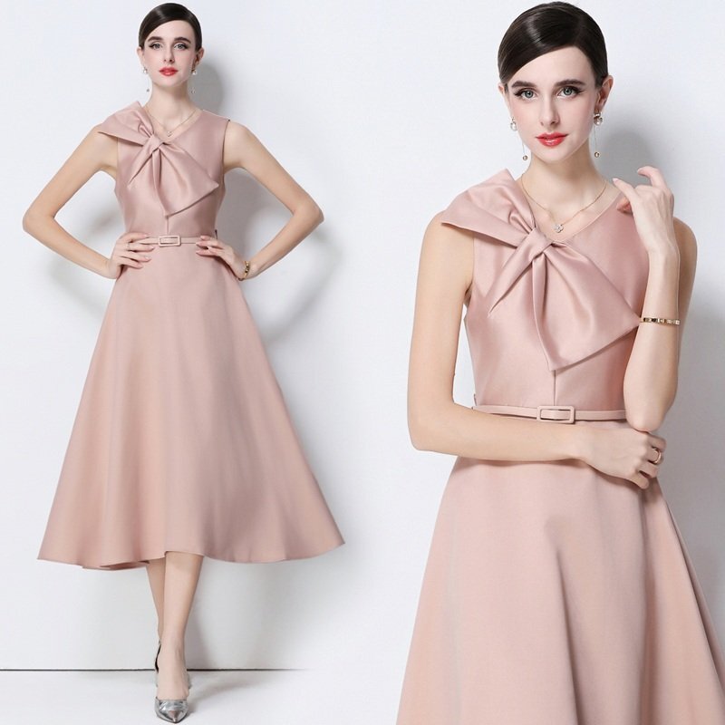 ミディアム丈ワンピース ひざ丈ワンピース ノースリーブ 袖なし リボン きれいめ パーティー ドレス 二次会 L ローズレッド拍卖
