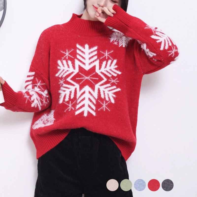 雪柄 レディース ニットセーター トップス ゆったり 着やせ ハイネック 長袖 フリー グレー拍卖