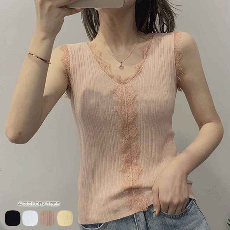 タンクトップ レディース レース 抜け感 インナー 夏 カットソー トップス フリー ブラック拍卖