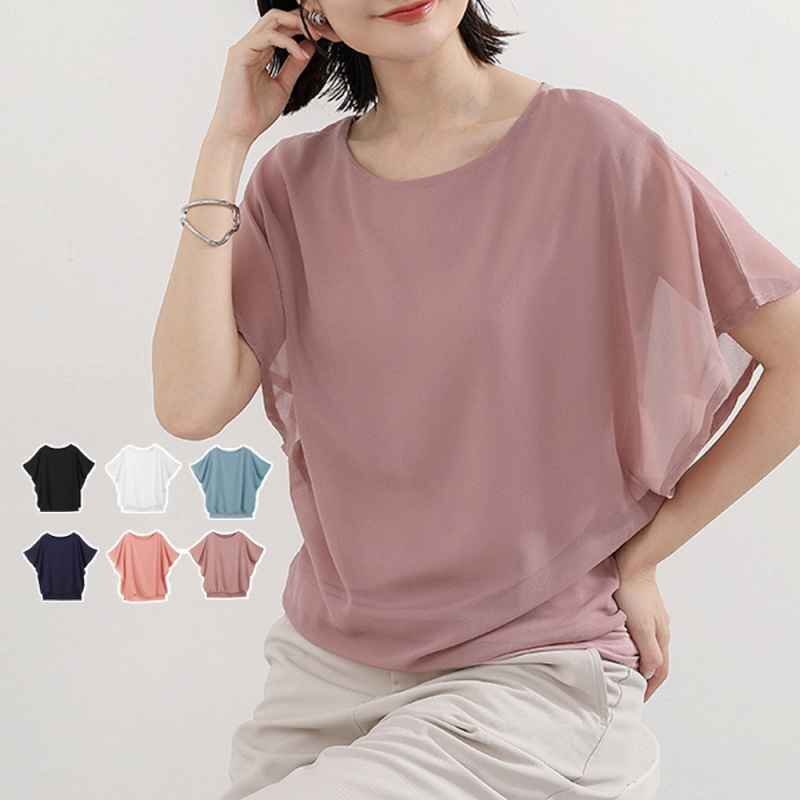 フレア袖シャツブラウスシフォントップス オフィスカジュアル シフォンブラウス OL 通勤半袖ブラウス L ネイビー拍卖