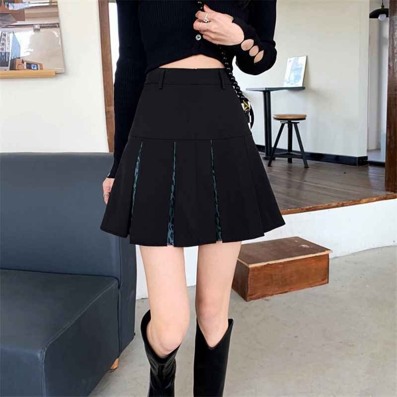 ボックスプリーツスカート美脚ミニスカート L ブラック拍卖