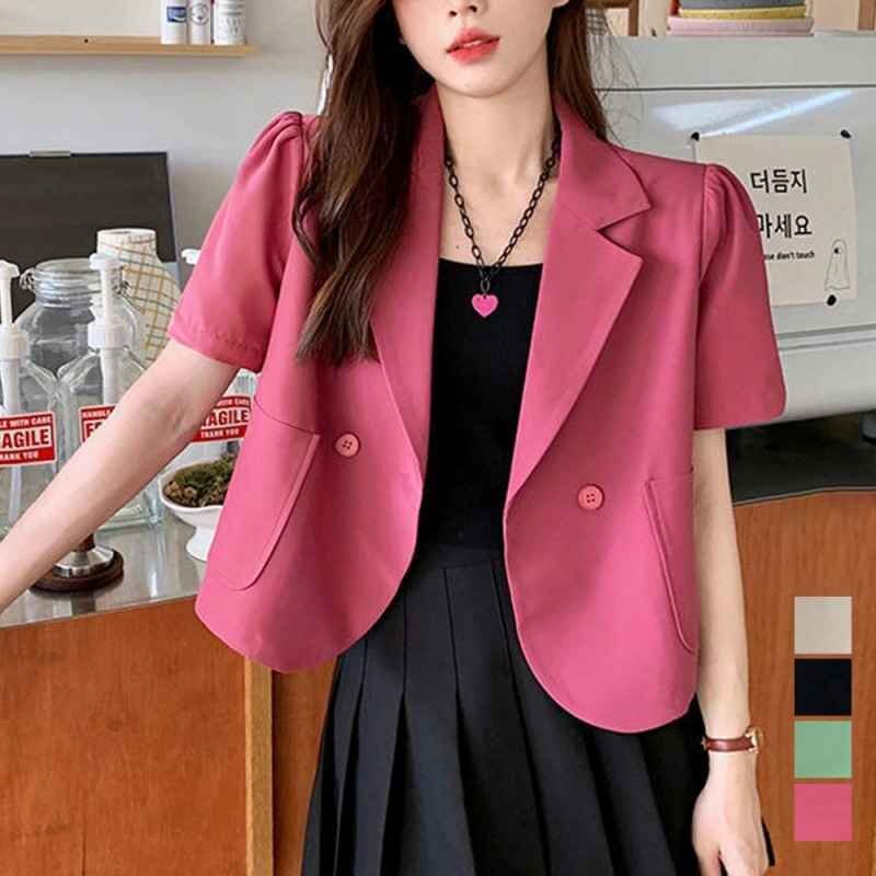 クロップド丈 半袖ジャケット ショート丈 テーラードジャケット Vネック 春夏アウター XL ホットピンク拍卖