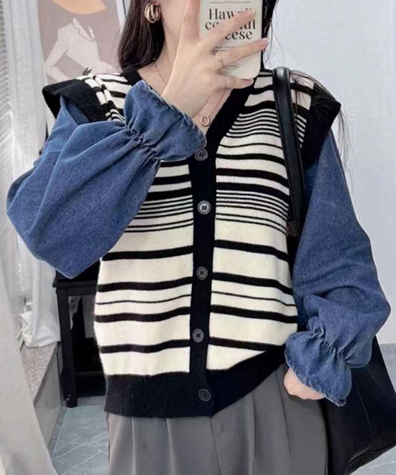 ボーダー柄ニットカーディガン ニットトップス レトロカーデ ニットアウター レイヤード風 春秋冬 ワンサイズ ブラック拍卖