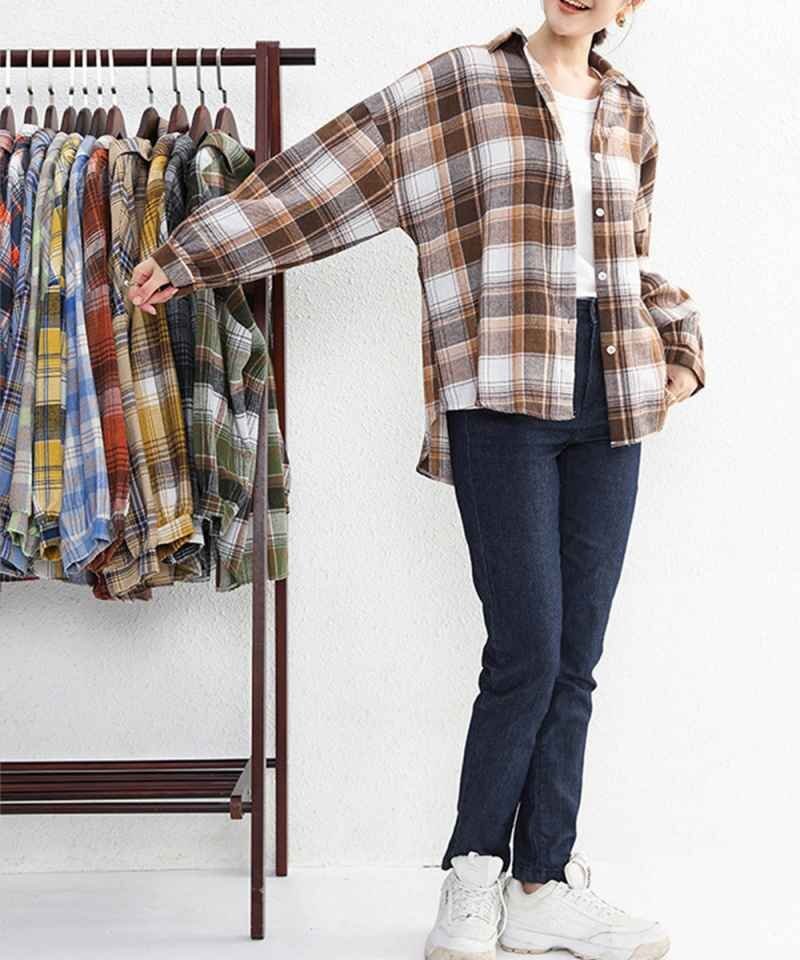 長袖シャツ ブラウス チェック柄シャツ 長袖ブラウス 羽織 ストリート風 カジュアル かわいい シンプル ワンサイズ A01拍卖