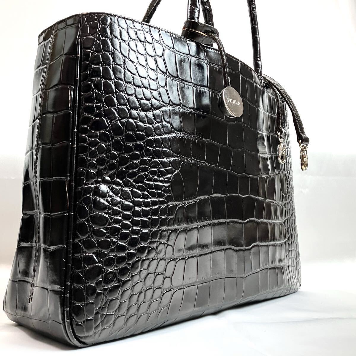 【美品 希少】フルラ FURLA クロコ型押し トートバッグ ショルダー 2way 肩掛け A4可 センター取り レザー 本革 メンズ ビジネス ブラック拍卖