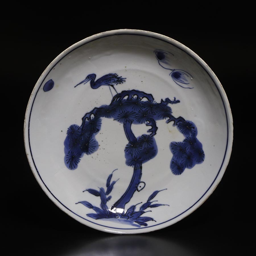 ★いい楽 特別出品★古染付松樹鶴文中皿 明時代末拍卖