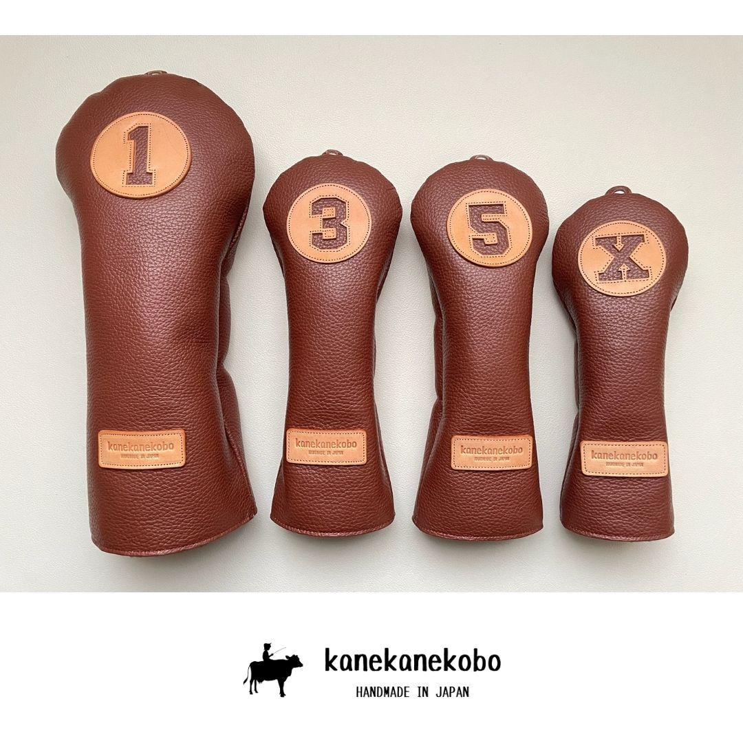 在庫処分 本革ヘッドカバー4本セット エンボスブラウン牛革 国産ヌメ革使用 kanekanekobo 拍卖