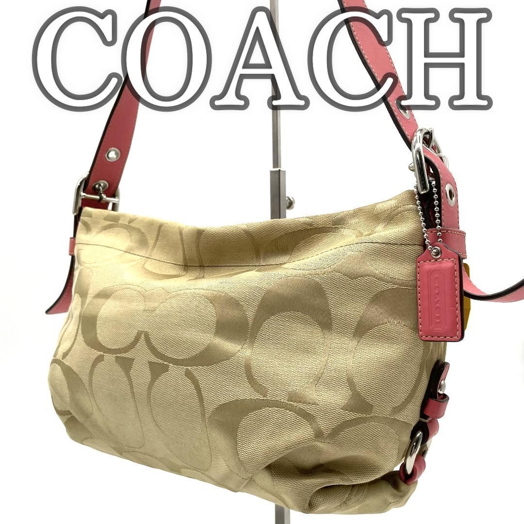 COACH コーチ ショルダーバッグ キャンバス シグネチャー レザー ピンク ベージュ 肩掛け 斜め掛け 15068 教拍卖