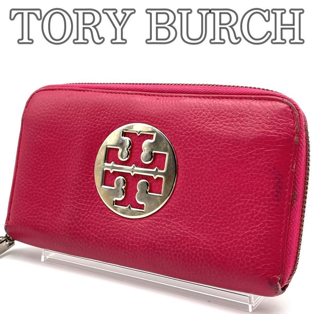 TORY BURCH トリーバーチ レザー ラウンドファスナー 長財布 ゴールド金具 ロゴ刻印 レッド系 小銭入れ カード入れ拍卖