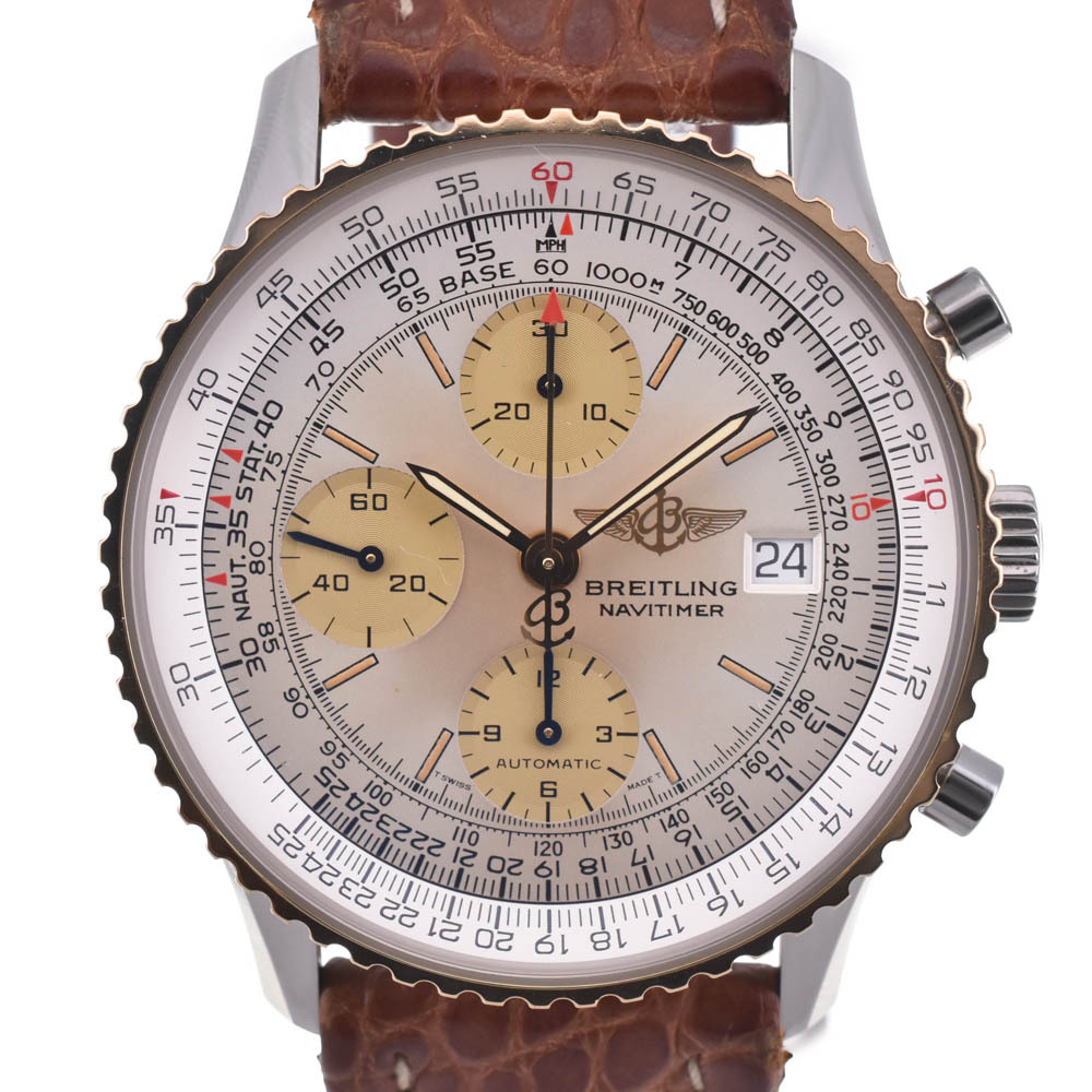 値下 ブライトリング BREITLING D13022 オールドナビタイマー クロノグラフ デイト K18YG ベゼル メンズ 良品 箱付き L#140601拍卖
