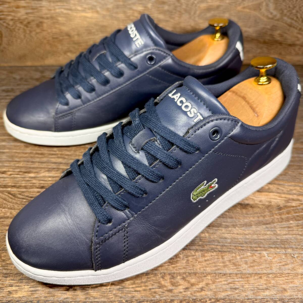 ◆LACOSTE◆ラコステ 25.0cm(表記40)レザースニーカー ネイビー メンズ 合皮 革靴 靴 レザー 中古 宅急便 即決拍卖