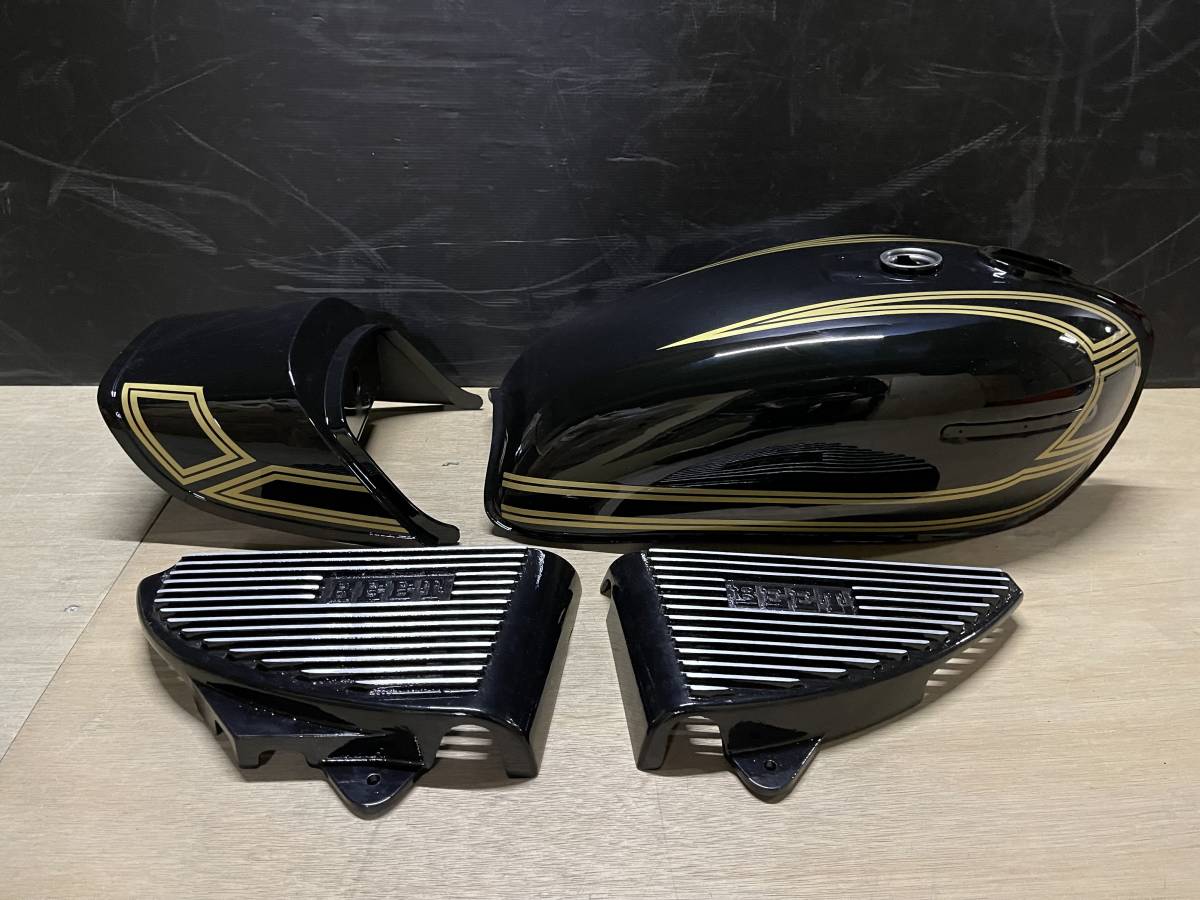 GS400 外装セット 黒金 E2ライン タンク テールカウル アルフィン/ GT380 GS400E GS400L BEET 外装 サイドカバー キジマ拍卖