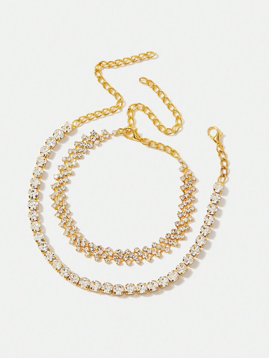 ジュエリー レディース フットアクセサリー ダイヤモンド型ラインストーンアンクレット、ゴールドカラー拍卖