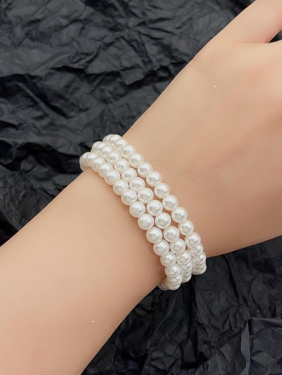 ジュエリー レディース ブレスレット ビーズ 女性用 多用途 フェイクパールビーズブレスレット 3個セット、エラスティック ビーズ拍卖