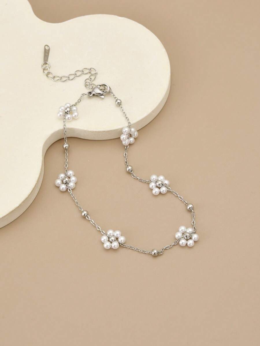 ジュエリー レディース フットアクセサリー 1個 手作り ステンレス鋼 パール アンクレット レディース (実際の花の配置は画像と拍卖