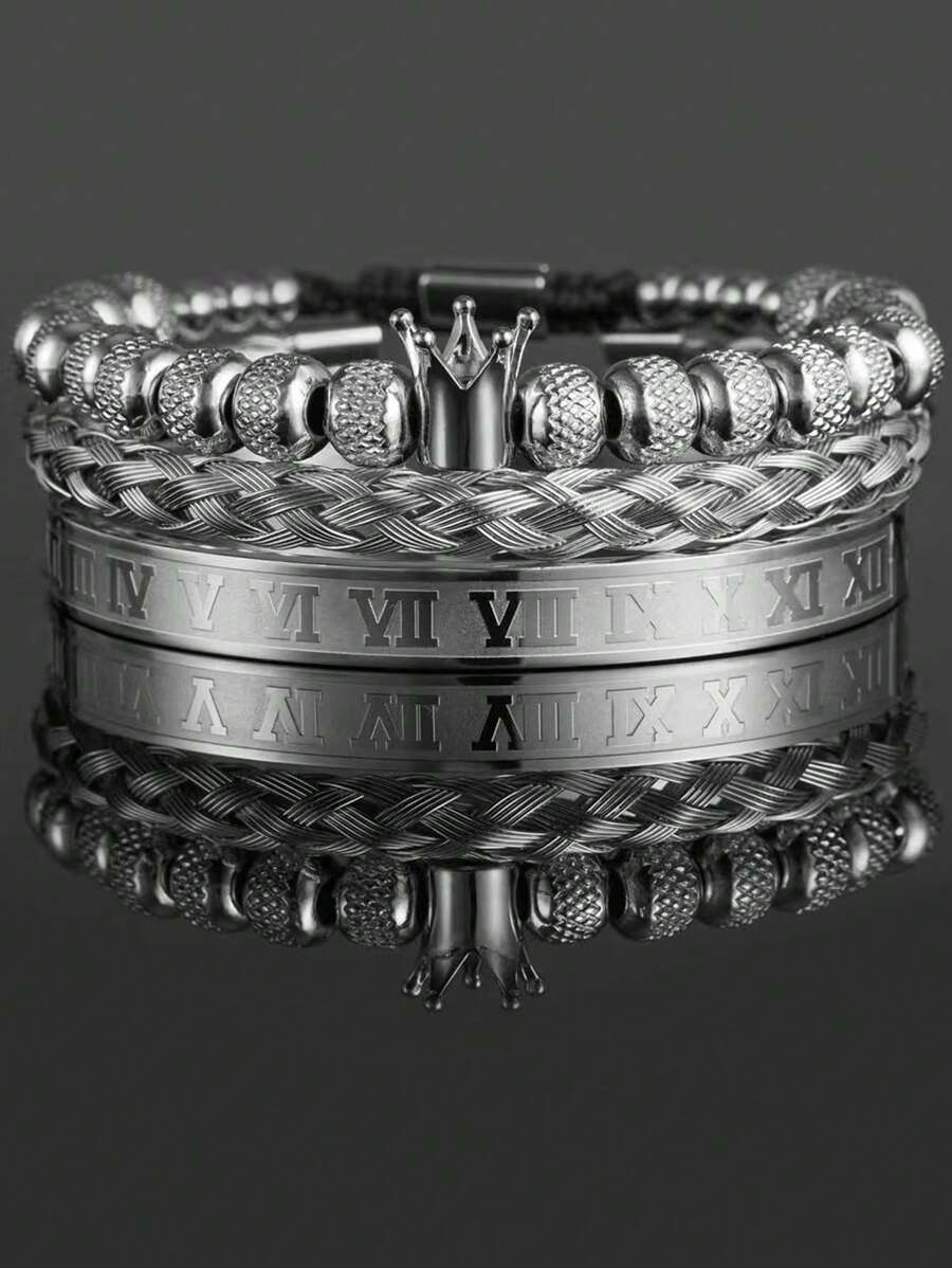 ジュエリー メンズ ブレスレット セット 3個セット メンズ パイナップル、王冠、シルバーブレイド キュービックジルコニア ステン拍卖