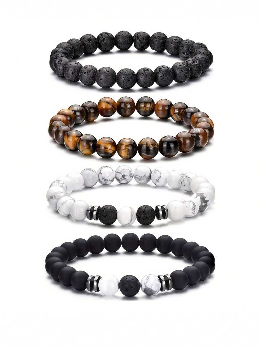 ジュエリー メンズ ブレスレット セット 男性用 ビーズブレスレットセット 4点、火山岩、虎眼石、ハウライトストーンのエラスティッ拍卖