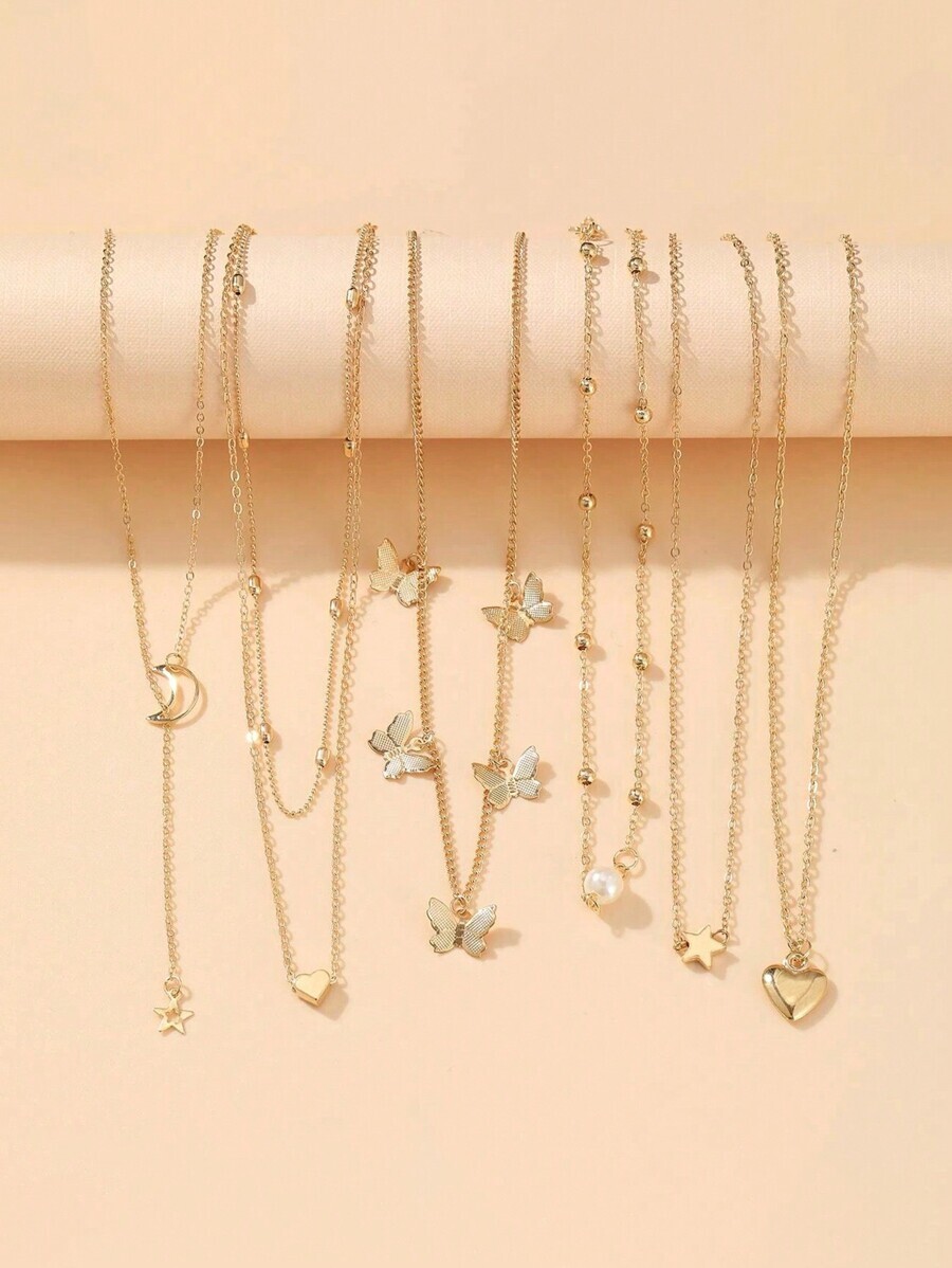 ジュエリー レディース ネックレス セット パールネックレス 月 スター 模造皮製ハート バタフライ デザイン 6点セット拍卖