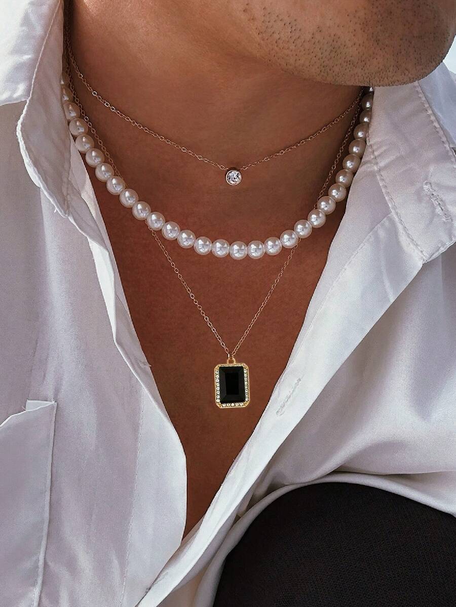 ジュエリー メンズ ネックレス セット 3個セット メンズファッショナブル 3Dブラックダイヤモンド フェイクパール ネックレス、拍卖