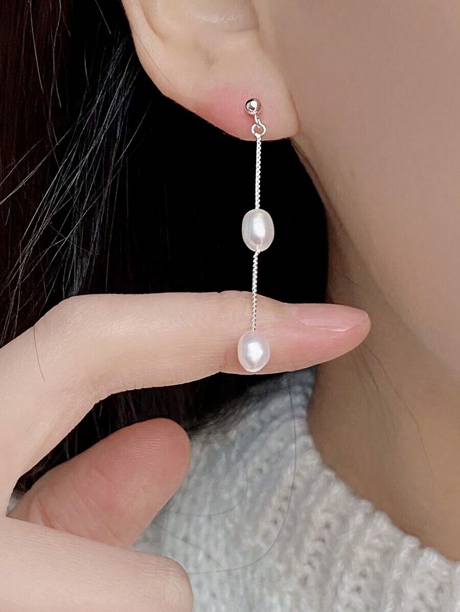 ジュエリー レディース イヤーアクセサリー 韓国風インスタイル天然淡水真珠タッセルピアス、S925シルバー。エレガントでゴージャス拍卖