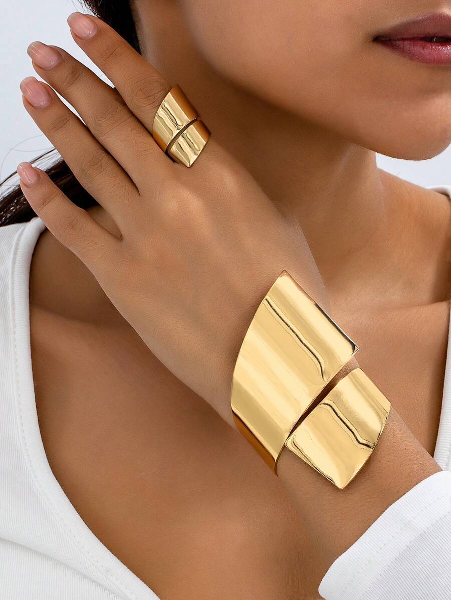 ジュエリー レディース セット 2個セット ゴールドメタル 非対称幾何学ブレスレットとリングセット、ビンテージ高級エレガントファッ拍卖