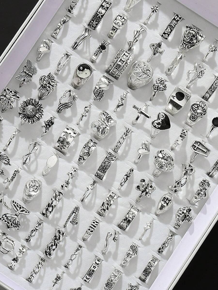 リング レディース セット 30個 ゴシックスタイル メタルリングセット、黒い石が埋め込まれている、多用途、ファッショナブル、日常拍卖