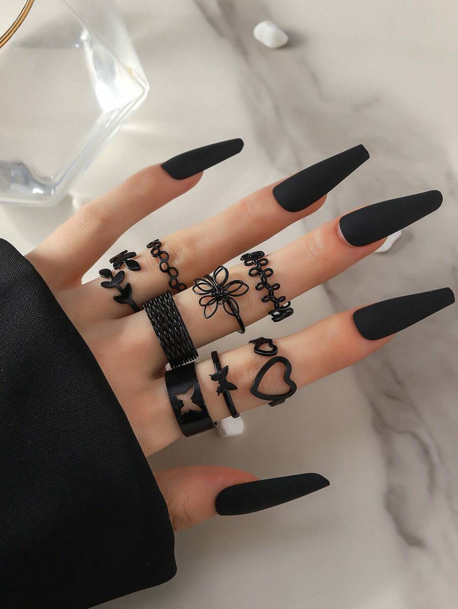 リング レディース セット 女性用ファッションジンクアロイ ハート&バタフライデザインリング 8個セット、日常使い、バレンタイン、拍卖