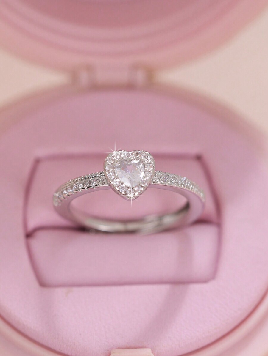 リング レディース リング 1個 ハート型立方ジルコニアシルバーリング、彼女へのプレゼント、デートのジュエリー、箱なし拍卖