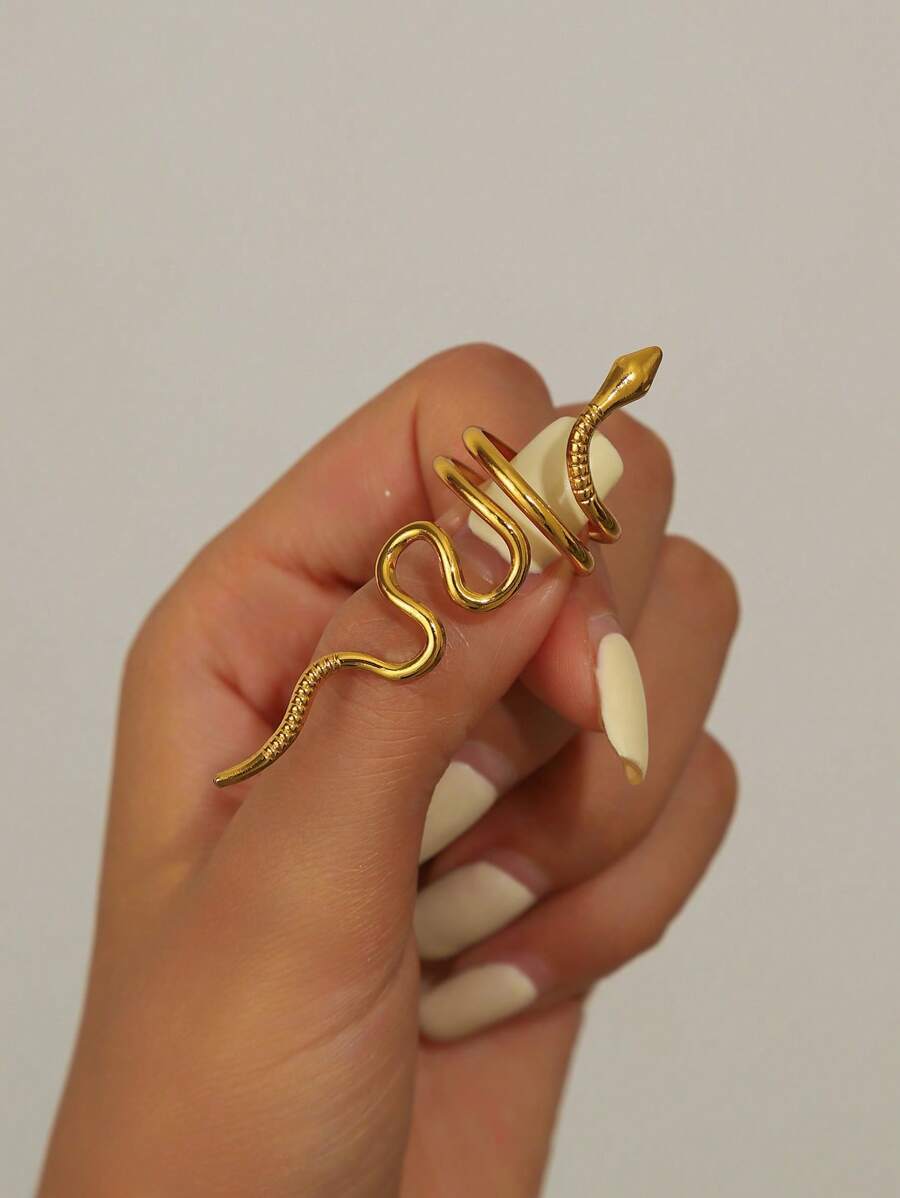 リング レディース リング 1個 女性用ステンレススチール 18Kゴールド ヴィンテージ誇張されたヘビ型オープンリング、女性の日常拍卖