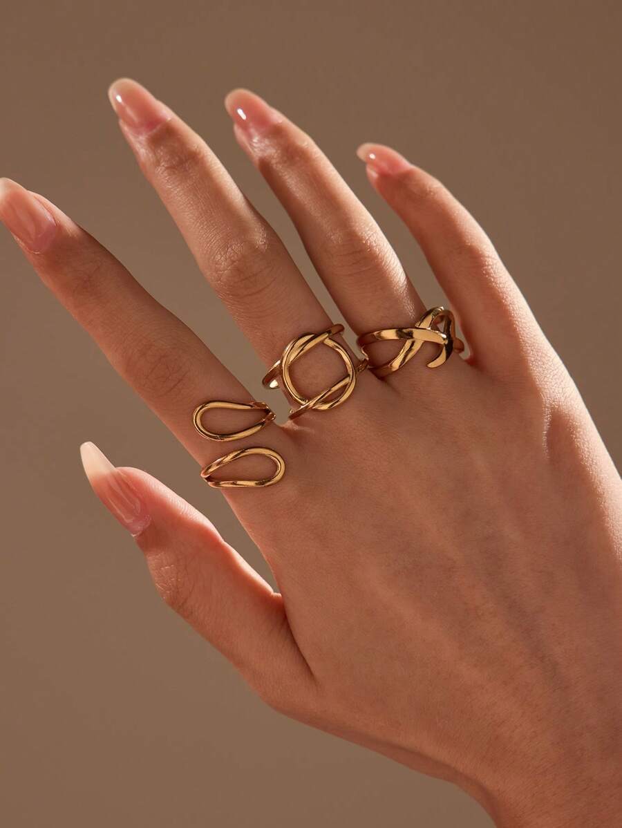 リング レディース セット 3点セット 非対称デザイン ゴールド ステンレス鋼 調整可能リング、女性の日常着用やギフトに適していま拍卖