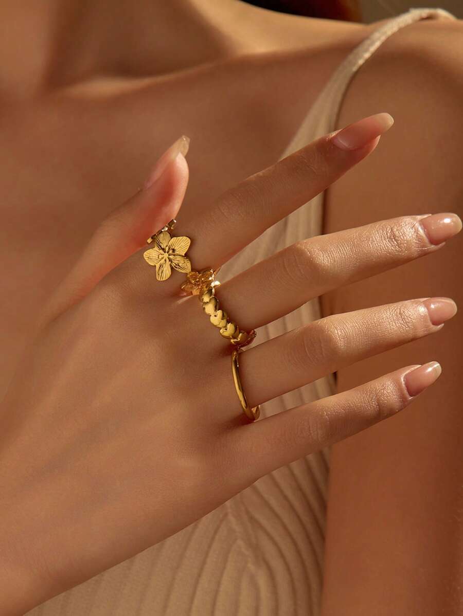 リング レディース セット ステンレス製ゴールドハート&フラワー型リングセット 3個入り、日常的な装飾やギフトに最適拍卖