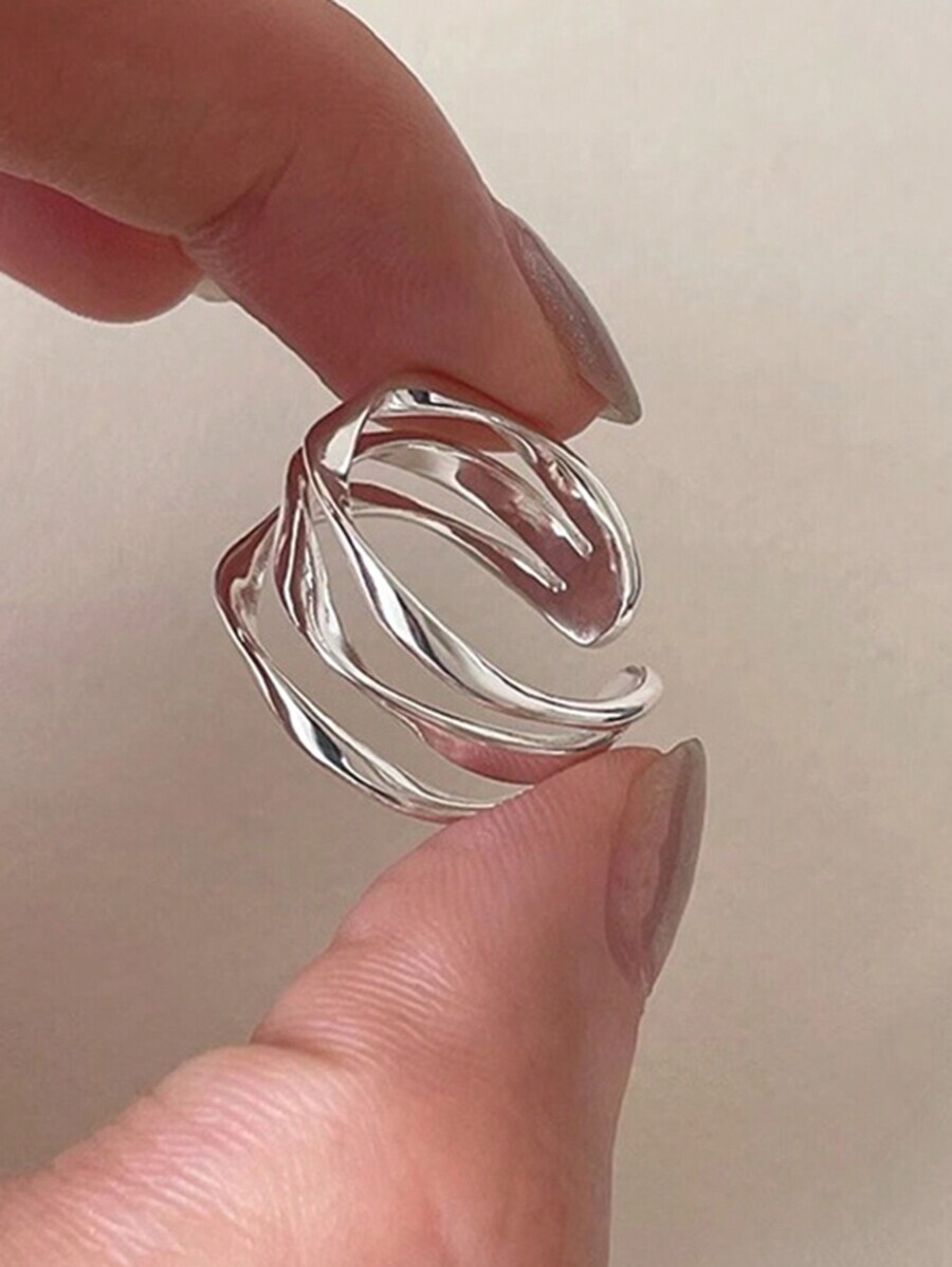 リング レディース シングル S925スターリングシルバーアシンメトリーマルチレイヤー波デザイン ファッション エレガントなオープ拍卖