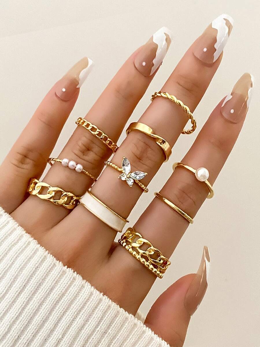 リング レディース セット 10ピース/セット ラインストーン蝶 & フェイクパール装飾リング拍卖