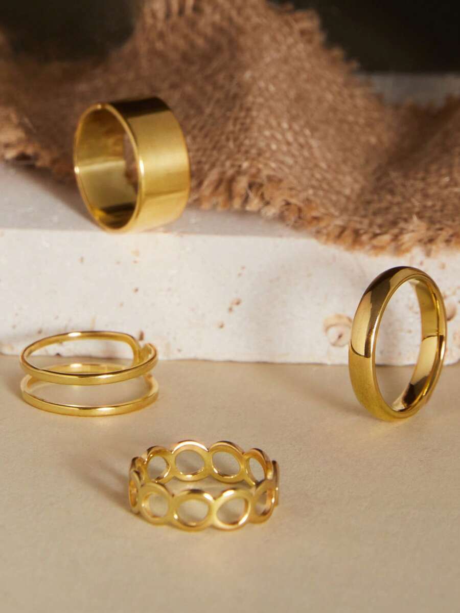 リング レディース セット ステンレススチール オープンバンド リングセット 4個入り、シンプルでスタイリッシュ、パーティーやプレ拍卖