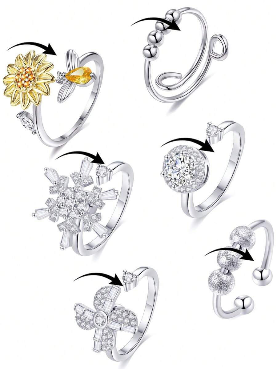 リング レディース セット ストレス解消リング 6個セット 立体的なサンフラワー、ウィンドミル、ビーズデザイン 調整可能 キュービ拍卖