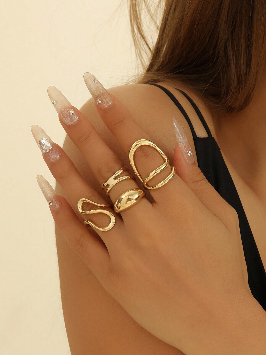 リング レディース セット ミニマリスト スムースラインデザイン ゴールドトーン ファッションリング 4個セット、デイリーウェア、拍卖