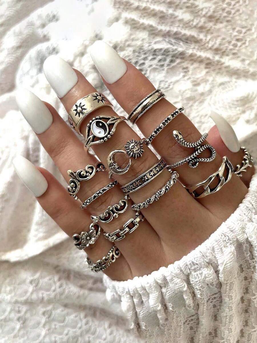 リング レディース セット 八卦、太陽、月、蛇、木の葉、花デザインのビンテージスタイルリングセット 16個入り拍卖