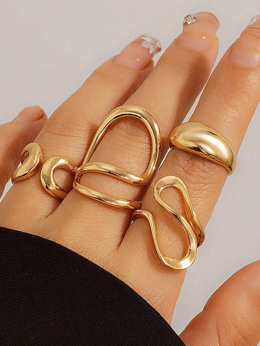リング レディース セット ボヘミアン幾何学模様 中空ゴールドリング 4/8個セット、非対称抽象デザイン、調整可能、チャームジュエ拍卖