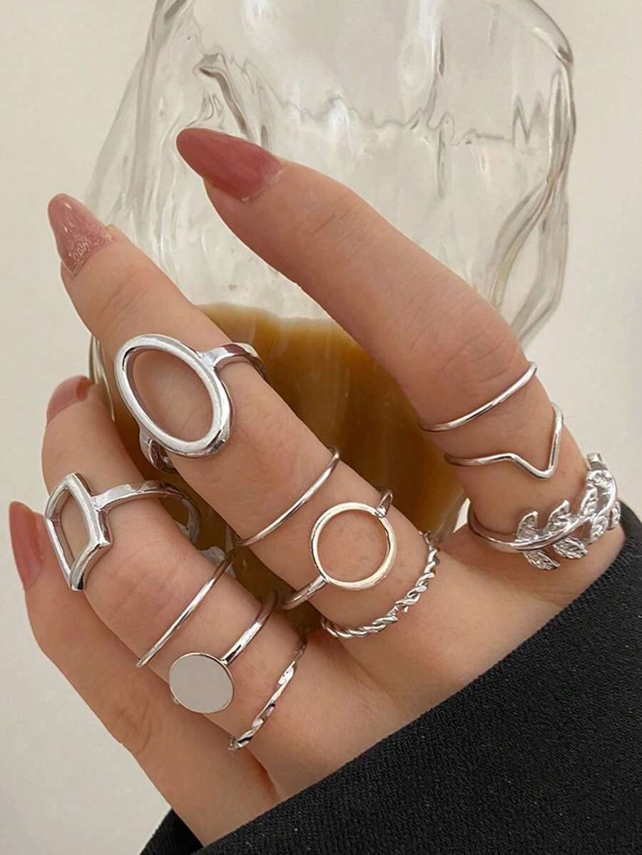 リング レディース セット 11個セットジオメトリック リーフ デザイン メタルリング、女性への創造的なギフト、デイリー、結婚式、拍卖