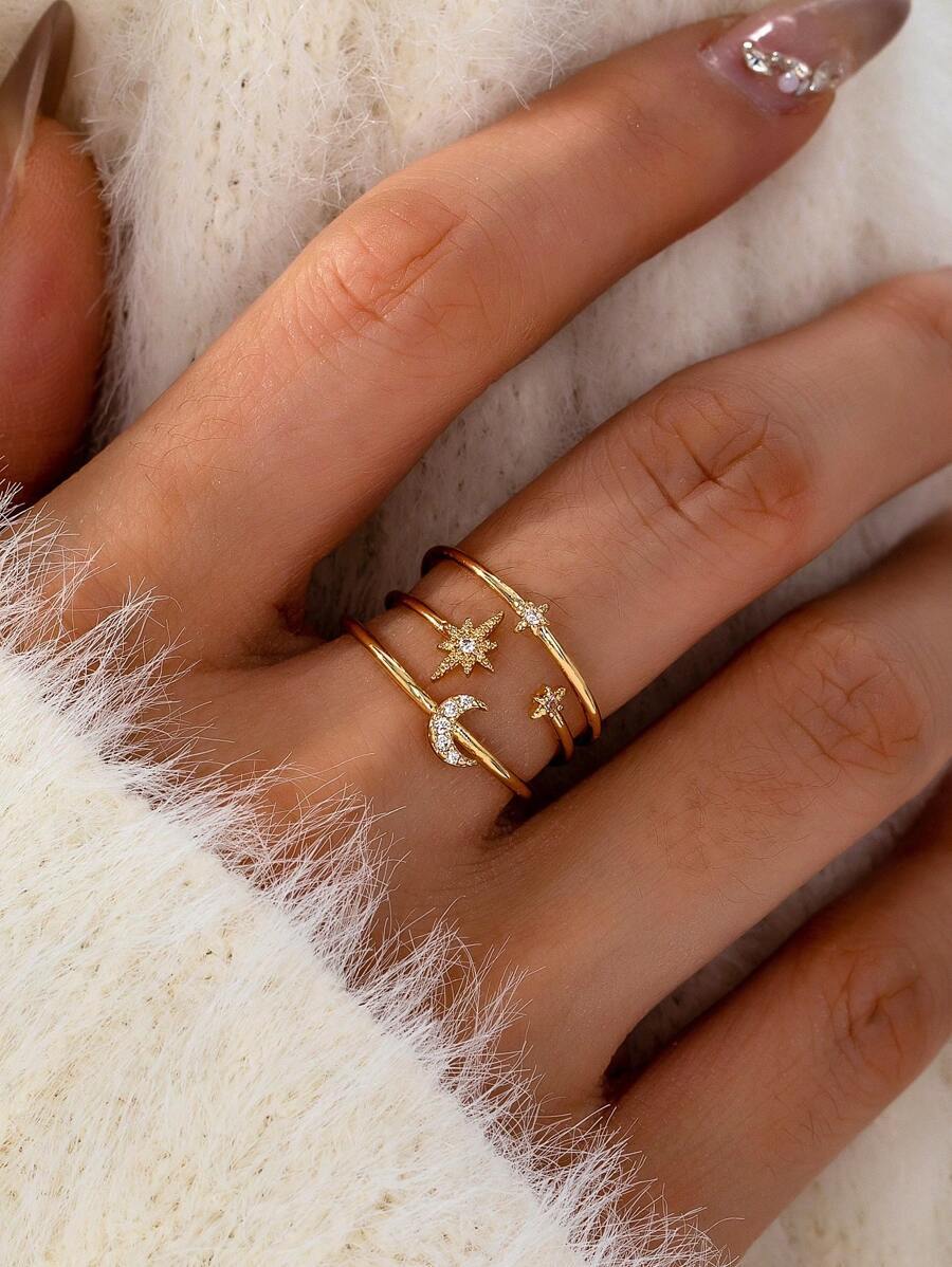 リング レディース リング 1個 ゴールドカラー ズルコニウム スター ムーンデザインリング 女性 高級クリスタルリング フリーサ拍卖