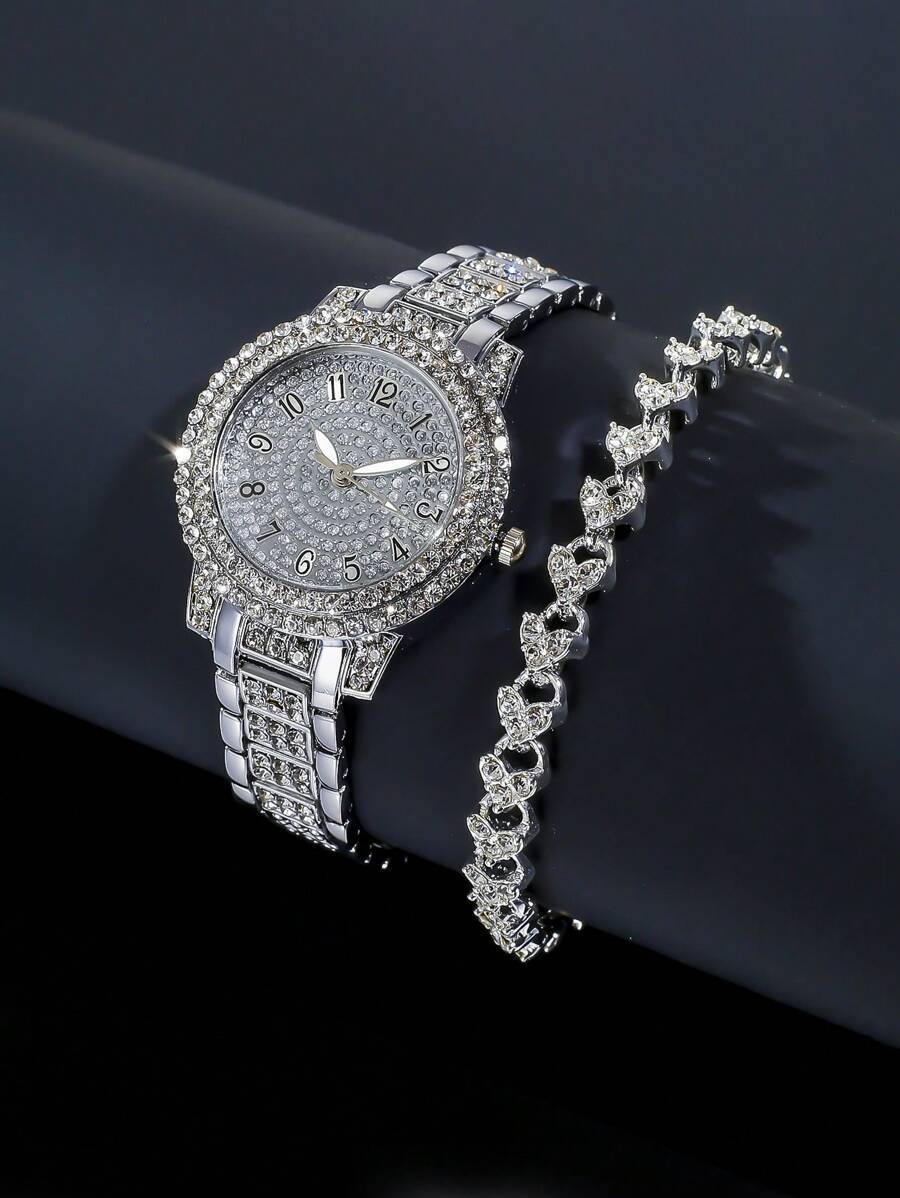 腕時計 レディース セット 女性ファッション用 ローマ数字バングル腕時計 全身宝石 ダブルレイヤー ブレスレットセットウォッチ コ拍卖
