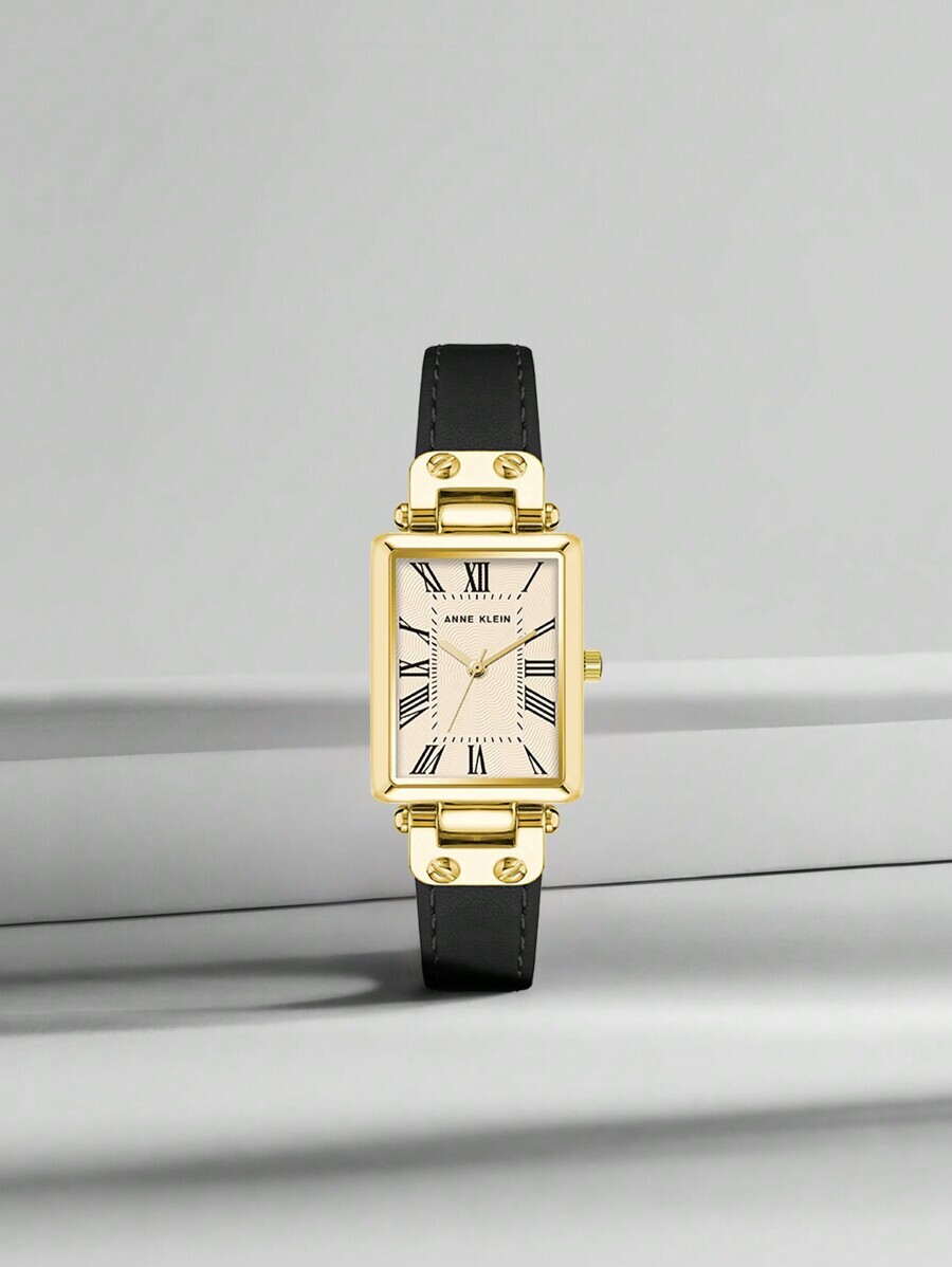 腕時計 レディース クォーツ レディース 黒レザーストラップ腕時計、ゴールドのケース、クリーム色の質感のある文字盤の角型アナログ腕拍卖