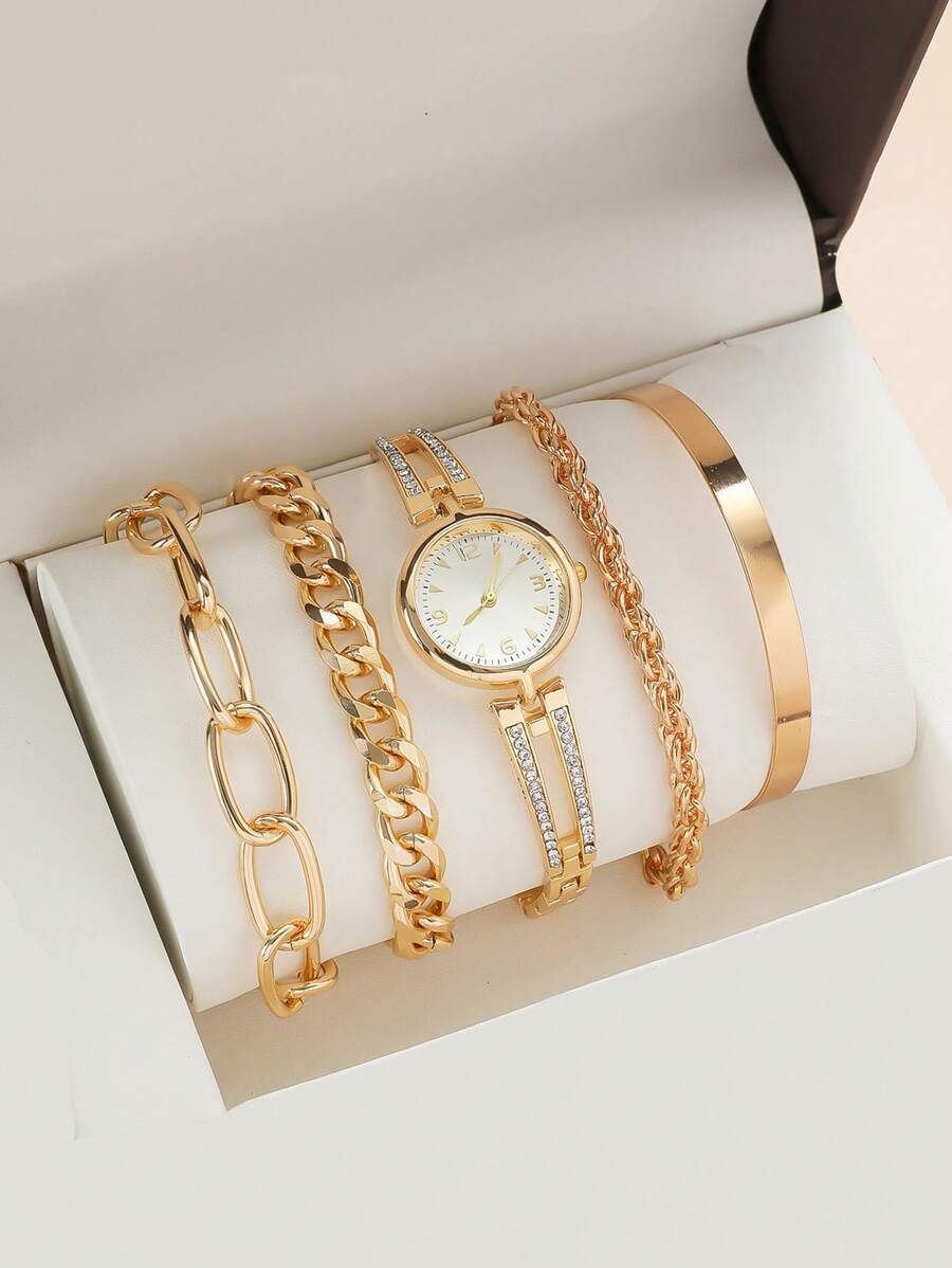 腕時計 レディース セット 1個 ラインストーン装飾 クォーツ腕時計及び 4個入りブレスレットのセット、学生への学校復帰祝いのギフ拍卖