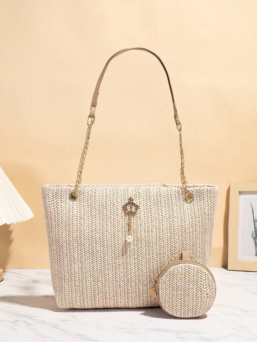 バッグ レディース ショルダーバッグ ビーチストロートートバッグ、ファッションチェーンショルダーバッグ、大容量レディースハンドバッ拍卖