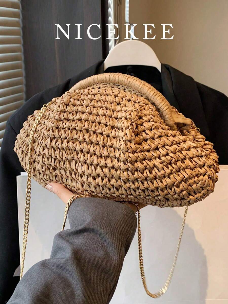 バッグ レディース ハンドバッグ ストロー バッグ レディース ファッションデザイン、流行のモリスタイル文芸調チェーン付き肩掛けバ拍卖
