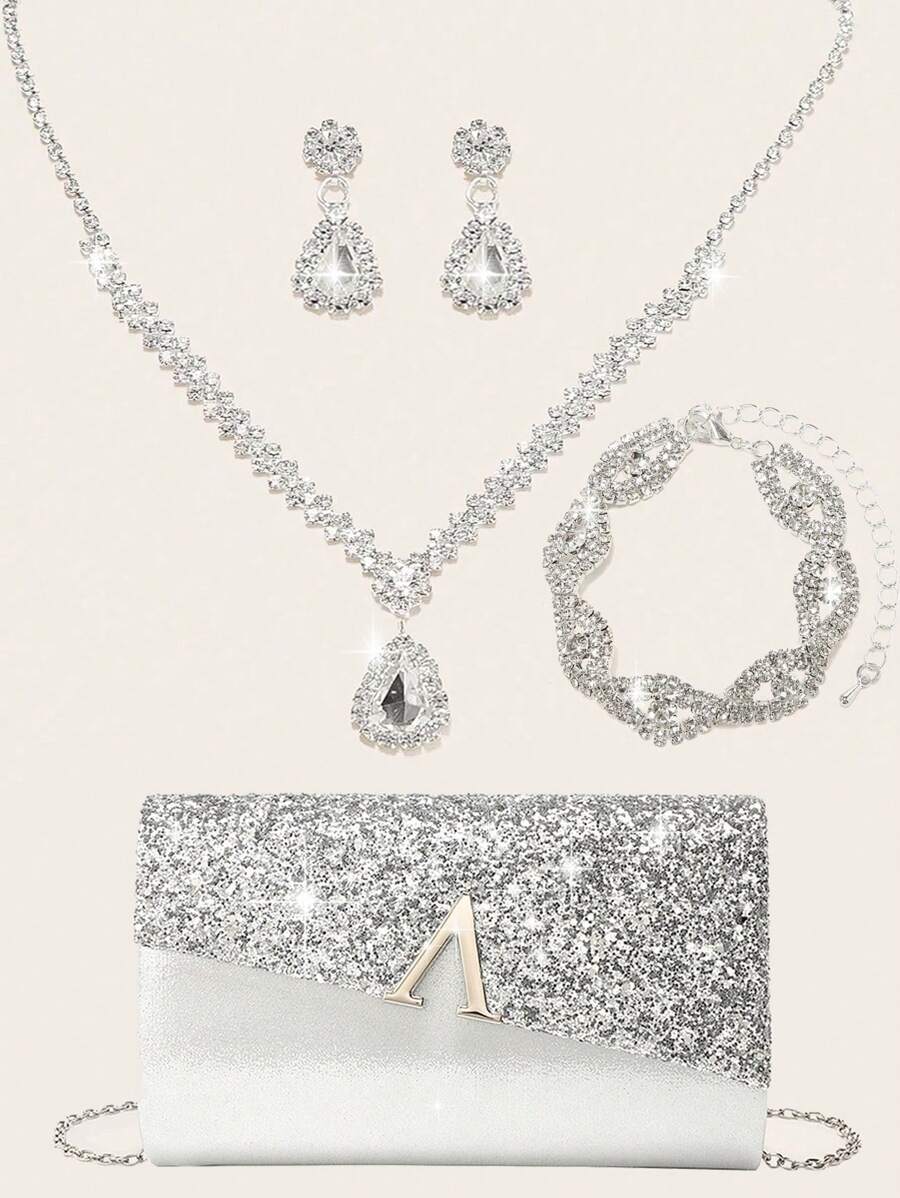 バッグ レディース ドレスバッグ 4点セット ラインストーン ジュエリーセット ネックレス,ピアス,ブレスレット 結婚式用 クラッ拍卖
