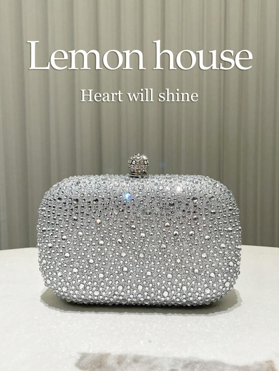 バッグ レディース ドレスバッグ 1個 シルバー ラグジュアリーラインストーンデコ メタリックチェーンショルダーバッグ、エレガント拍卖