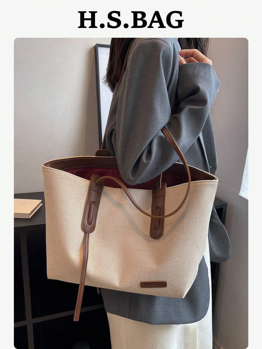 バッグ レディース トートバッグ 1個 ベージュ&ブラウンPUレザー ファッショナブル シンプル 大容量 カラーブロック ジップ開拍卖